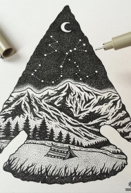 欧美点刺山脉风景纹身图案手稿