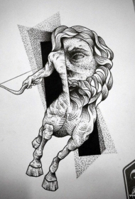 欧美人马组合点刺几何纹身图案手稿