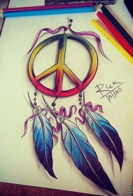 欧美漂亮的彩色捕梦网纹身图案手稿