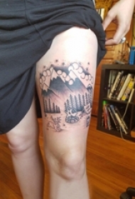 山水纹身图案 女生大腿上山水纹身图片