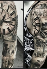 花臂纹身男生手臂上钟表花臂纹身图片