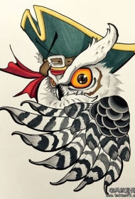 欧美猫头鹰船长纹身图案手稿