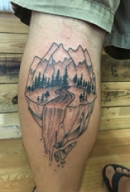 山水纹身 男生小腿上山水纹身图片
