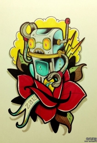 欧美机器人玫瑰school纹身图案手稿