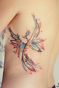 侧腰泼墨凤凰线条纹身图案