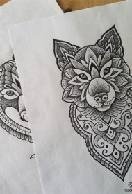 欧美狼点刺梵花纹身图案手稿