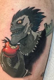 男生大腿上彩绘渐变简单线条苹果和死神纹身图片