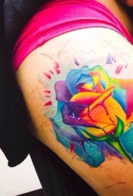 大腿性感欧美彩色玫瑰纹身图案