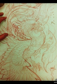 传统凤凰线条纹身图案手稿