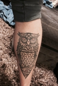 百乐动物纹身 男生小腿上黑色的猫头鹰纹身图片