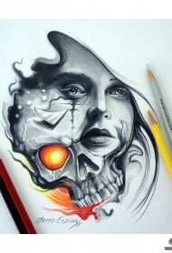 欧美女郎骷髅纹身图案手稿