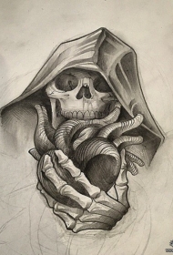 欧美死神心脏黑灰纹身图案手稿