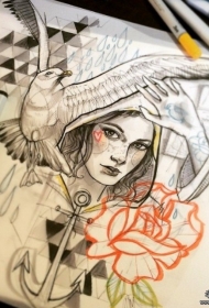 欧美女郎鸽子船锚纹身图案手稿