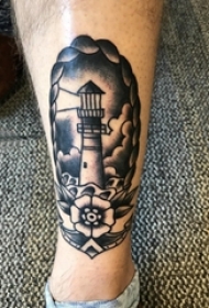 纹身灯塔 男生小腿上黑灰纹身灯塔图片