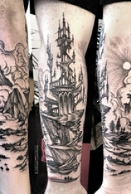 手臂纹身素材 男生手臂上亮丽的风景纹身图片