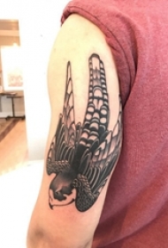 纹身鸟 男生手臂上黑灰纹身鸟图片