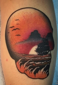 小腿骷髅风景纹身图案