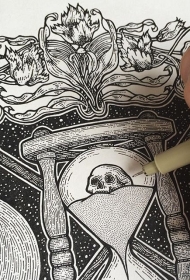欧美点刺骷髅沙漏纹身图案手稿