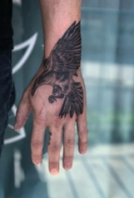 纹身老鹰图案 男生手背上黑灰纹身老鹰图案