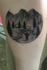 纹身风景图 男生小腿上黑色的风景纹身图片