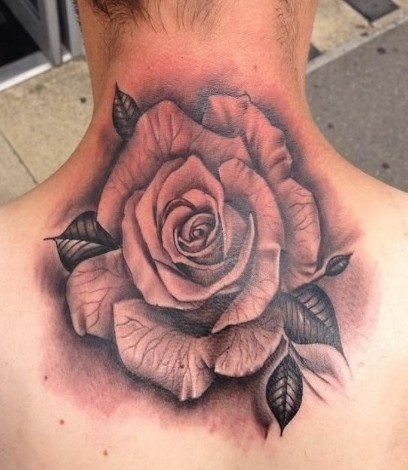 颈后优美艺术玫瑰纹身