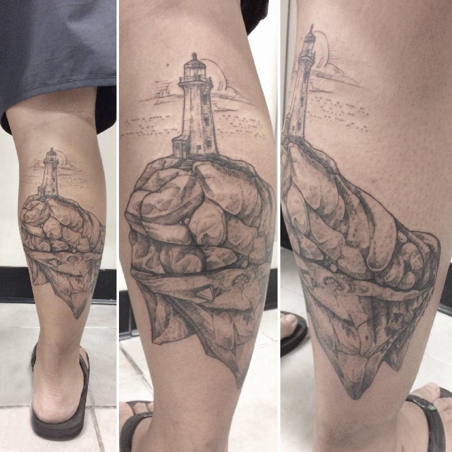 小腿对称纹身 男生小腿上黑色的灯塔纹身图片
