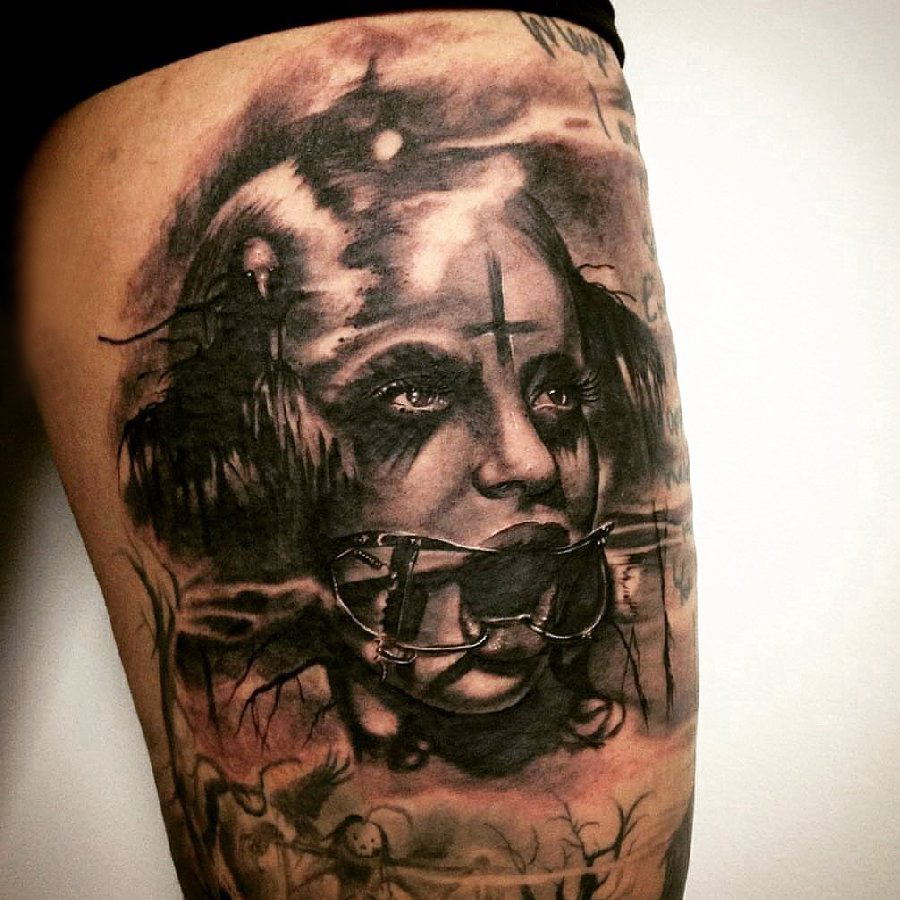 人物纹身图片 女生大腿上女生人物纹身图案