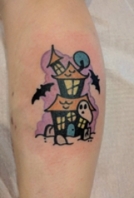 小腿对称纹身 女生小腿上彩色的建筑物纹身图片