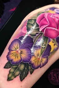 双大臂纹身 女生大臂上彩色的玫瑰纹身图片