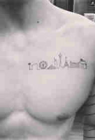 极简线条纹身 男生胸部黑色的建筑物纹身图片