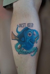 纹身卡通 男生小腿上英文和热带鱼纹身图片