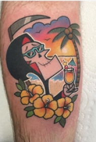 欧美小腿纹身 男生小腿上骷髅和风景纹身图片