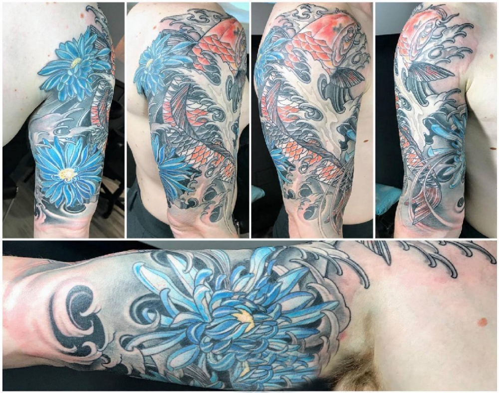 日式菊花纹身 男生手臂上日式菊花纹身图片