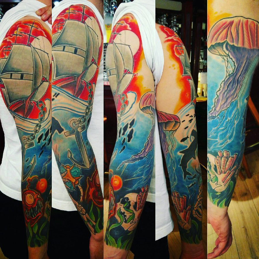 海洋纹身素材 男生手臂上海洋图腾纹身图片