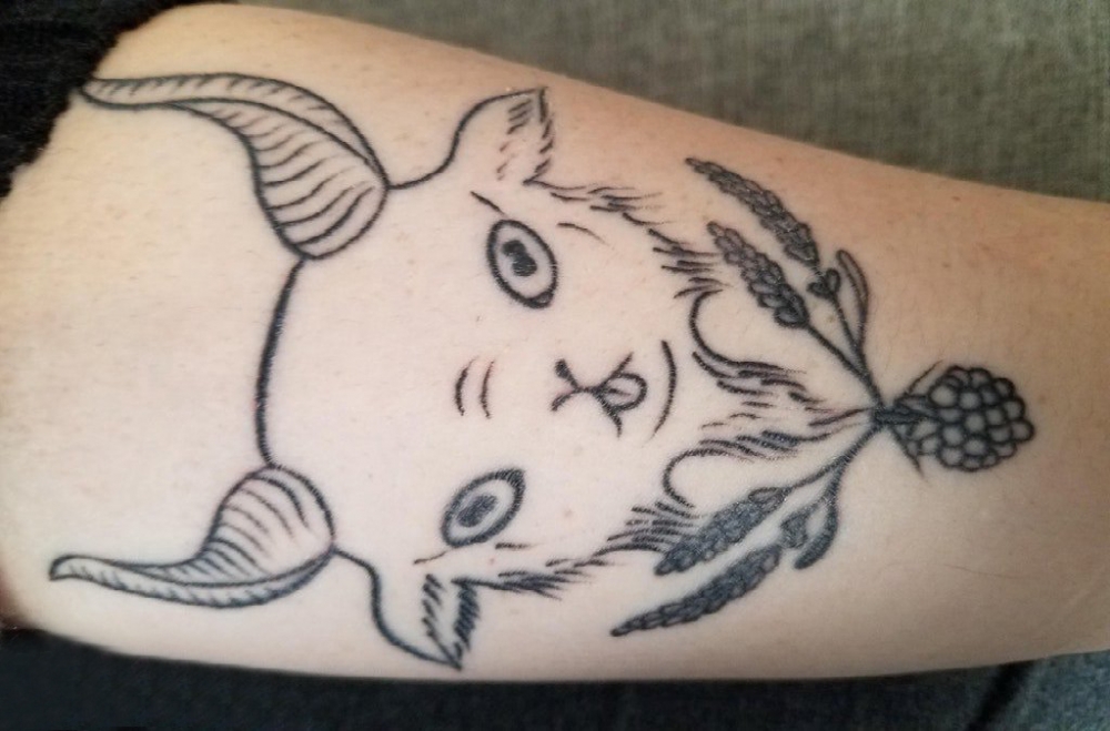 纹身卡通 女生小腿上植物和羊纹身图片