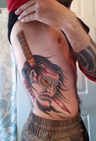 般若面具纹身 男生侧肋上般若面具纹身图片