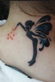 颈部纹身设计 女生颈部彩色的精灵纹身图片