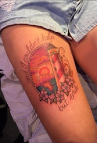 建筑物纹身  女生大腿上彩色的建筑物纹身图片