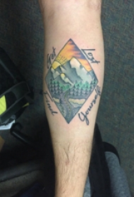 欧美小腿纹身 男生小腿上英文和山水风景纹身图片