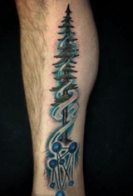 欧美小腿纹身 男生小腿上彩色的大树纹身图片