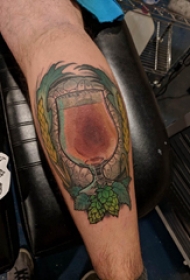 欧美小腿纹身 男生小腿上植物和杯子纹身图片