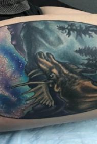 大腿传统纹身 女生大腿上风景和麋鹿纹身图片