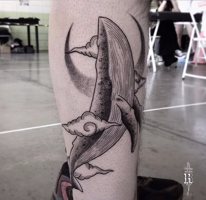 海洋里可爱的小动物纹身黑灰色鲸鱼纹身图案