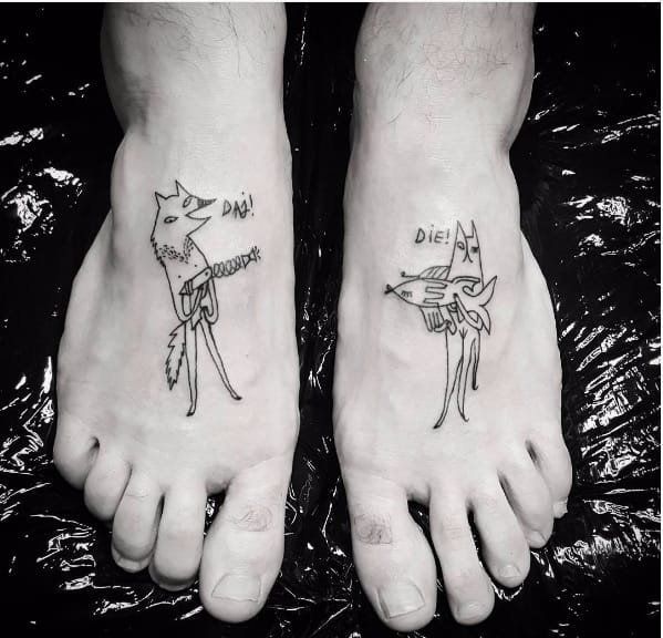 黑色的卡通动物和人物简易画纹身图案来自于纹身师比昂卡