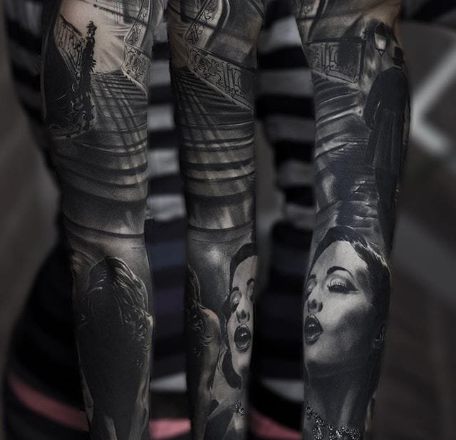 经典的黑灰色花臂纹身图案来自于男纹身师西尔瓦诺