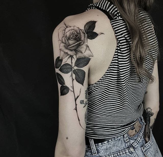 漂亮的黑灰色细线条玫瑰花纹身图案来自于纹身师爱德温