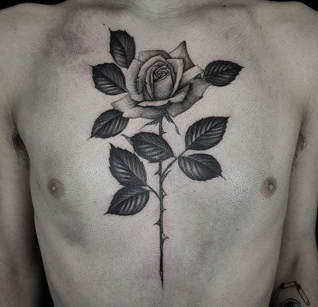 漂亮的黑灰色细线条玫瑰花纹身图案来自于纹身师爱德温