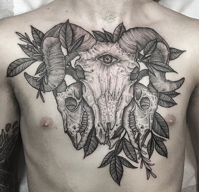 色彩阴暗的黑色点刺纹身图案