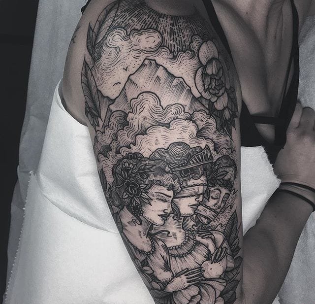 色彩阴暗的黑色点刺纹身图案