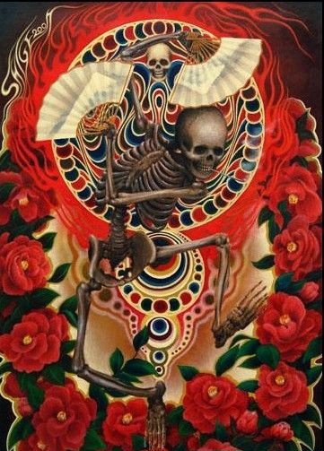 拿扇子的骷髅纹身手稿图